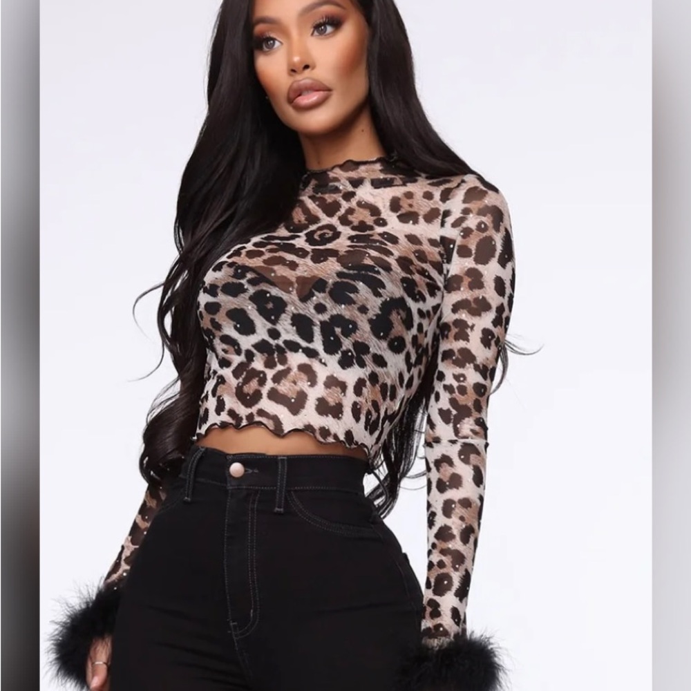 SOLD!!Fashion Nova Leopard Print Crop Top with Black Fur Cuffs
